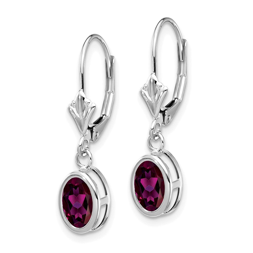 14kWhite Gold 7x Oval Rhodolite Garnet Bezel Leverback Dangle Earrings