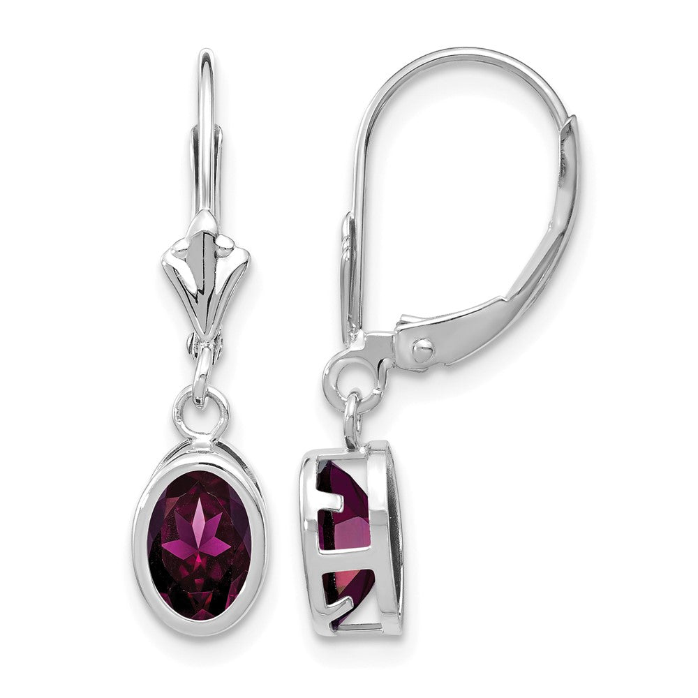 14kWhite Gold 7x Oval Rhodolite Garnet Bezel Leverback Dangle Earrings