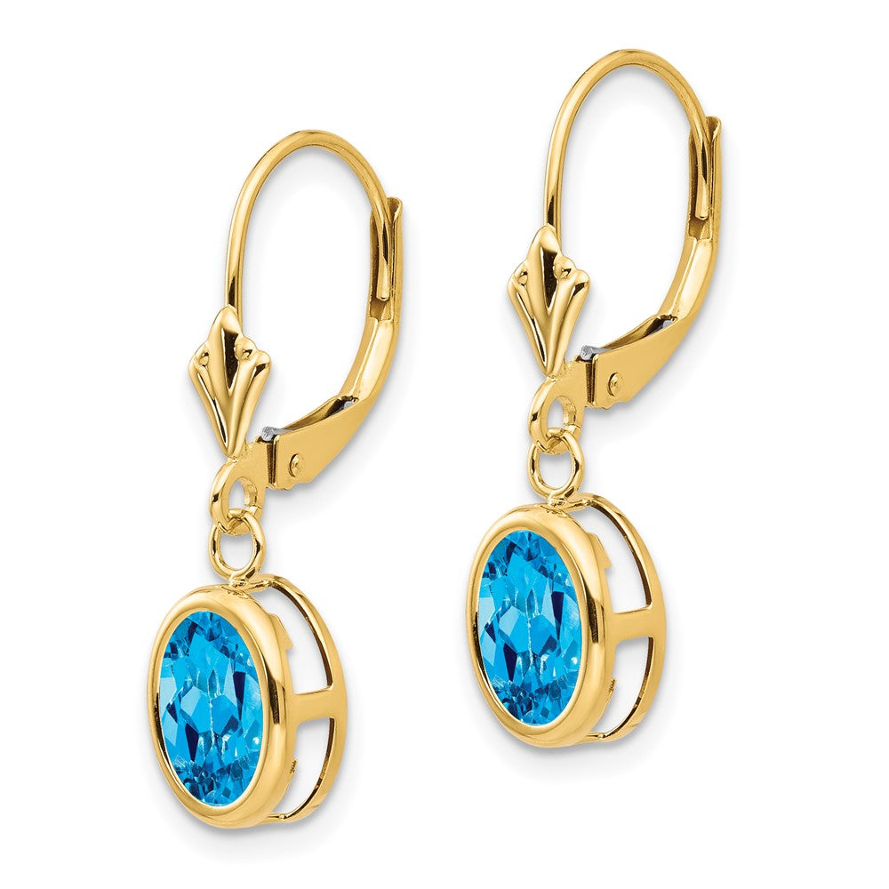 14k 8x Oval Blue Topaz Bezel Leverback Dangle Earrings