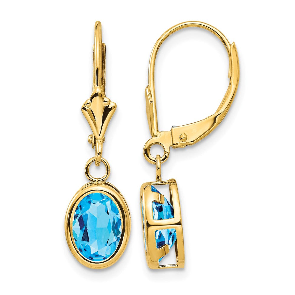 14k 8x Oval Blue Topaz Bezel Leverback Dangle Earrings