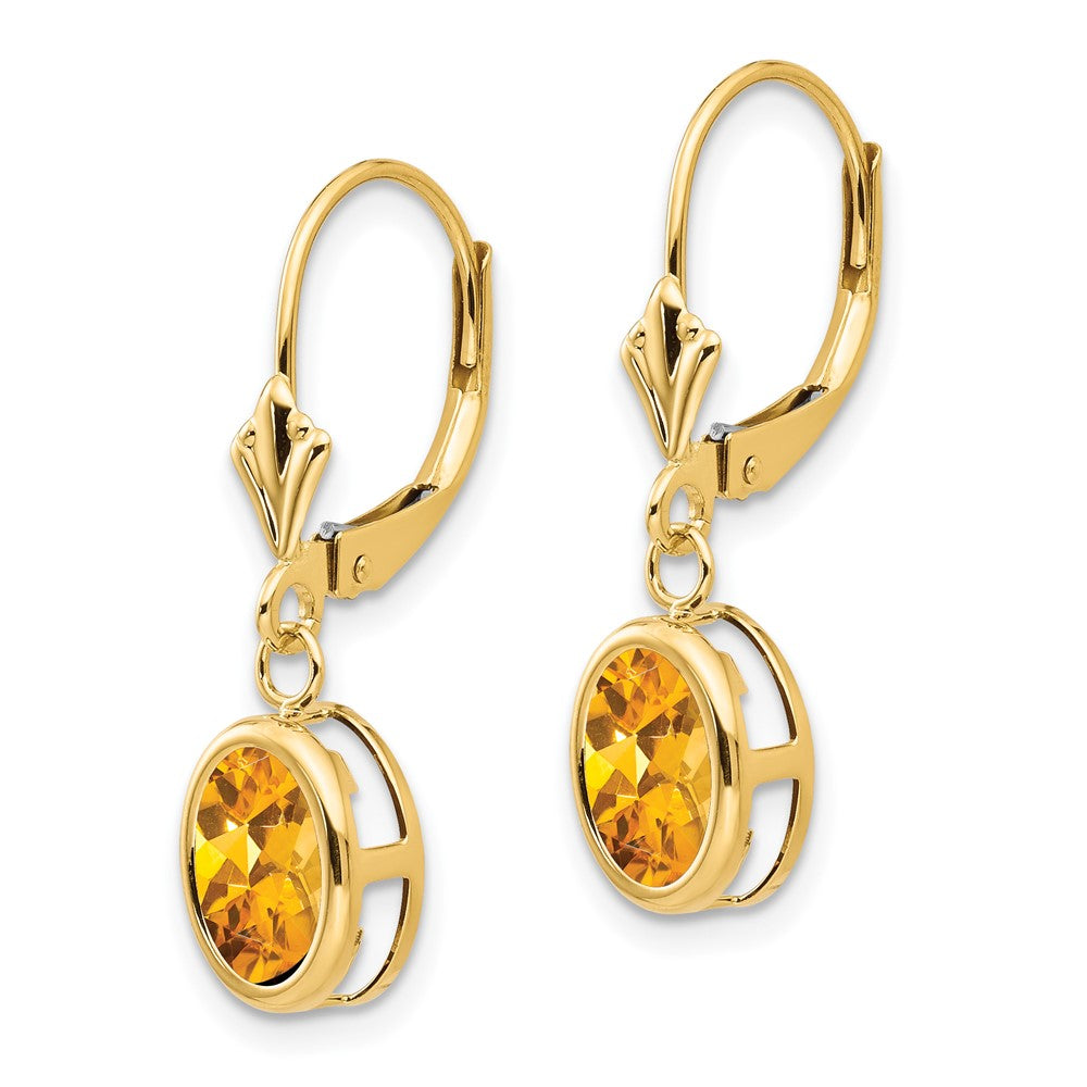 14k 8x Oval Citrine Bezel Leverback Dangle Earrings