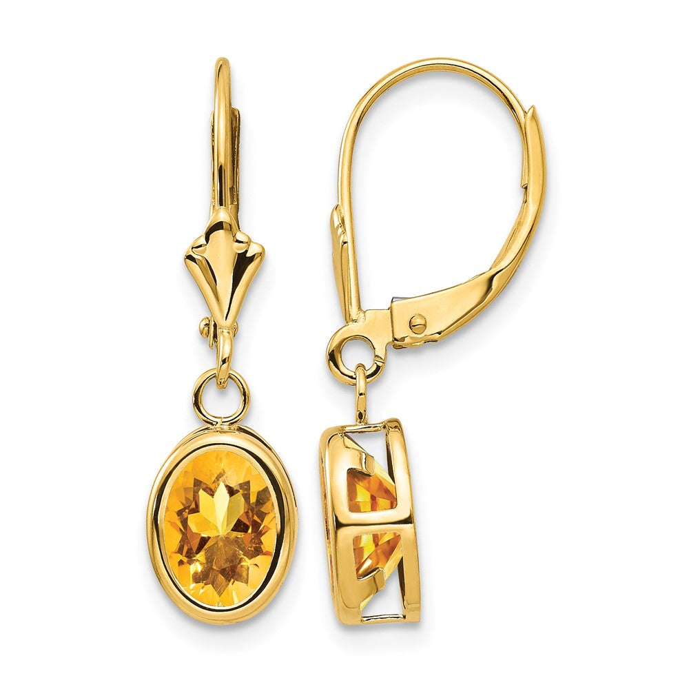 14k 8x Oval Citrine Bezel Leverback Dangle Earrings