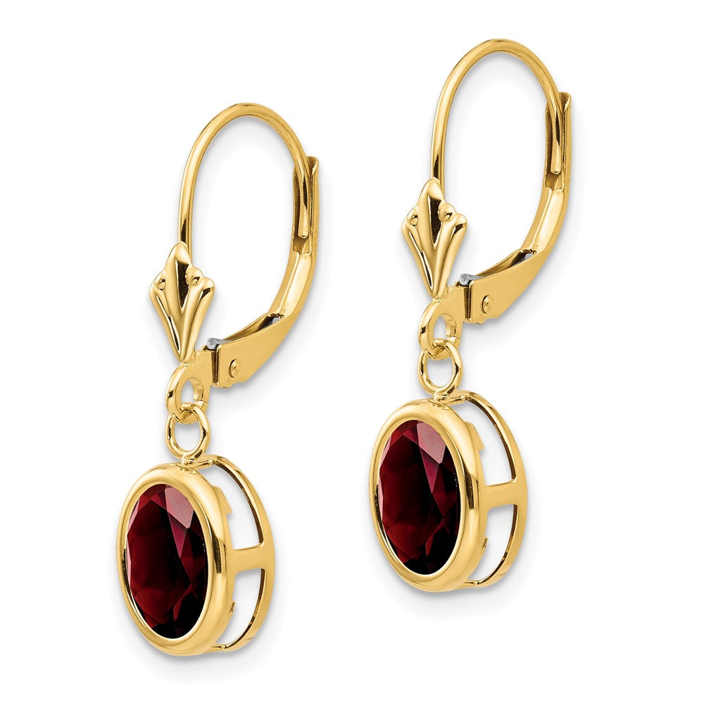 14k 8x Oval Garnet Bezel Leverback Dangle Earrings