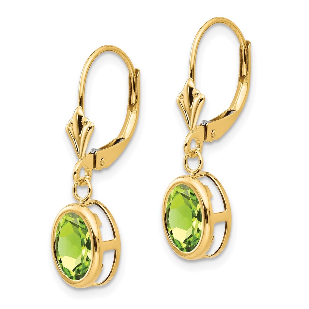 14k 8x Oval Peridot Bezel Leverback Dangle Earrings