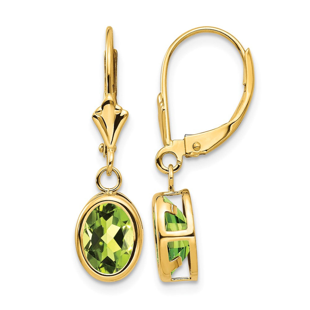 14k 8x Oval Peridot Bezel Leverback Dangle Earrings