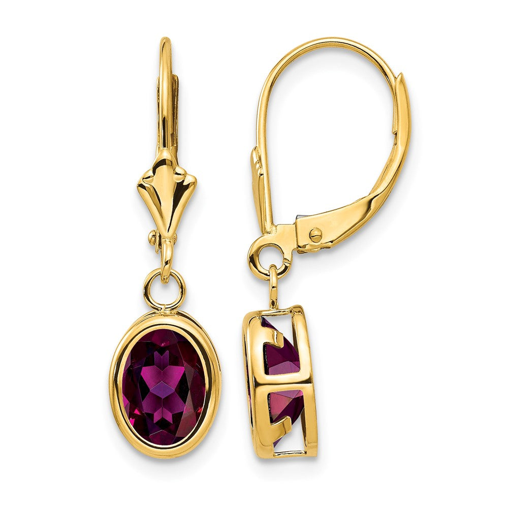 14k 8x Oval Rhodolite Garnet Bezel Leverback Dangle Earrings