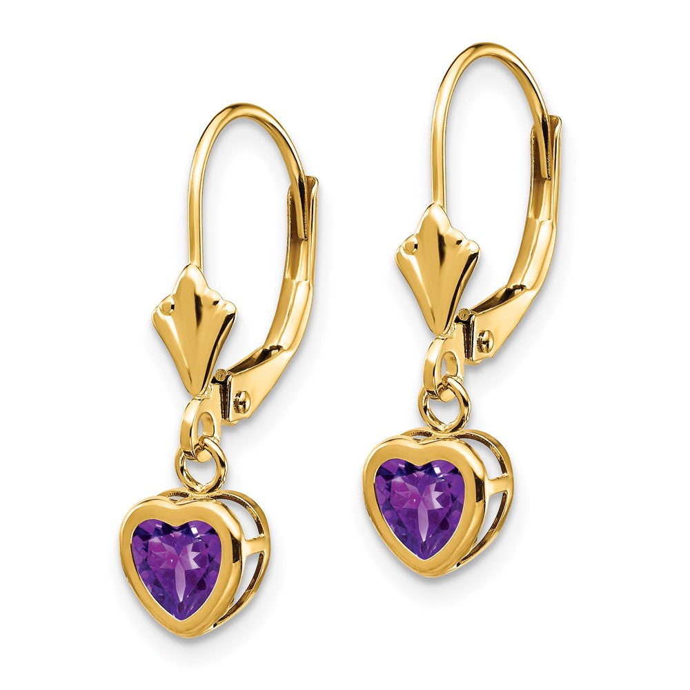 14k Heart Amethyst Bezel Leverback Dangle Earrings