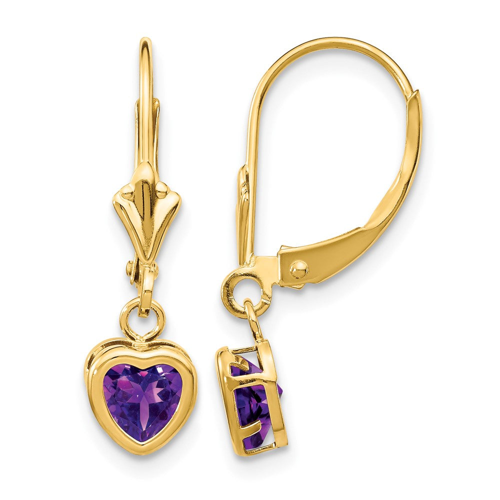 14k Heart Amethyst Bezel Leverback Dangle Earrings