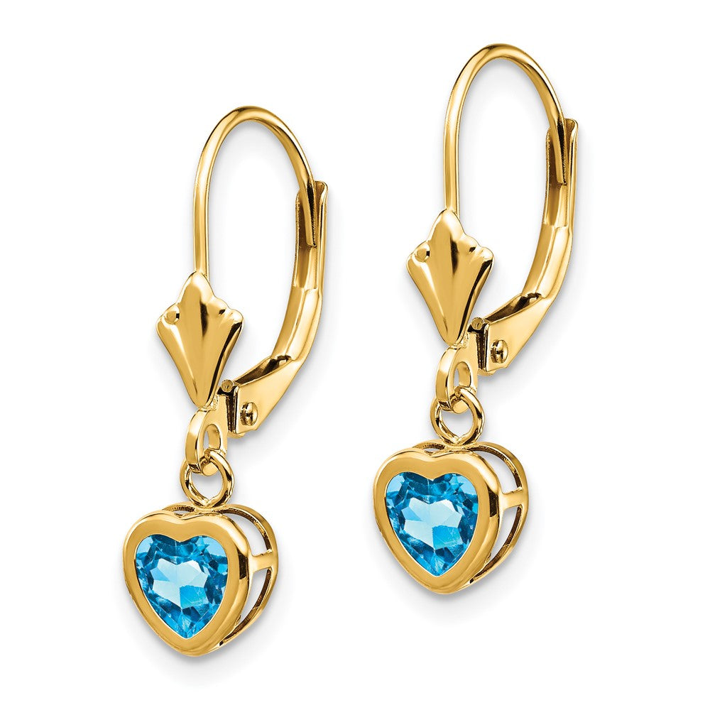 14k Heart Blue Topaz Bezel Leverback Dangle Earrings