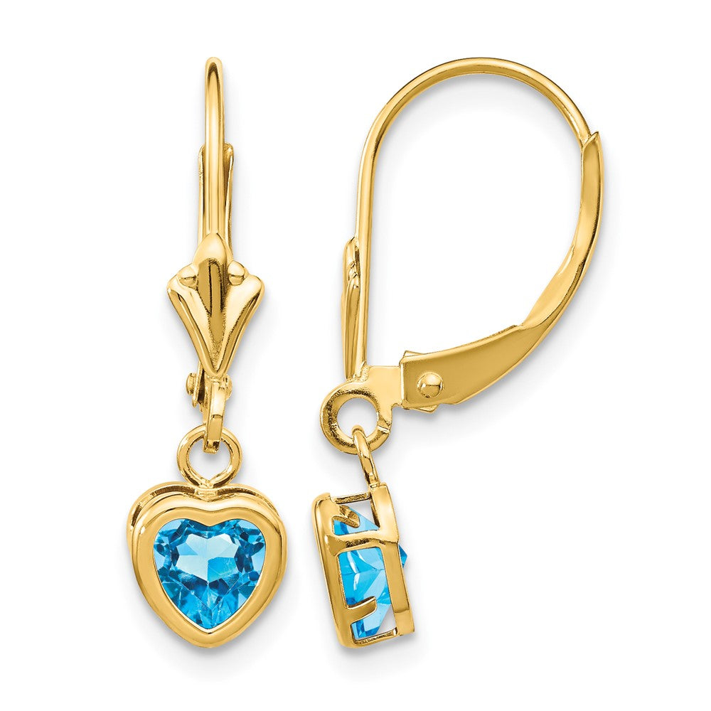 14k Heart Blue Topaz Bezel Leverback Dangle Earrings