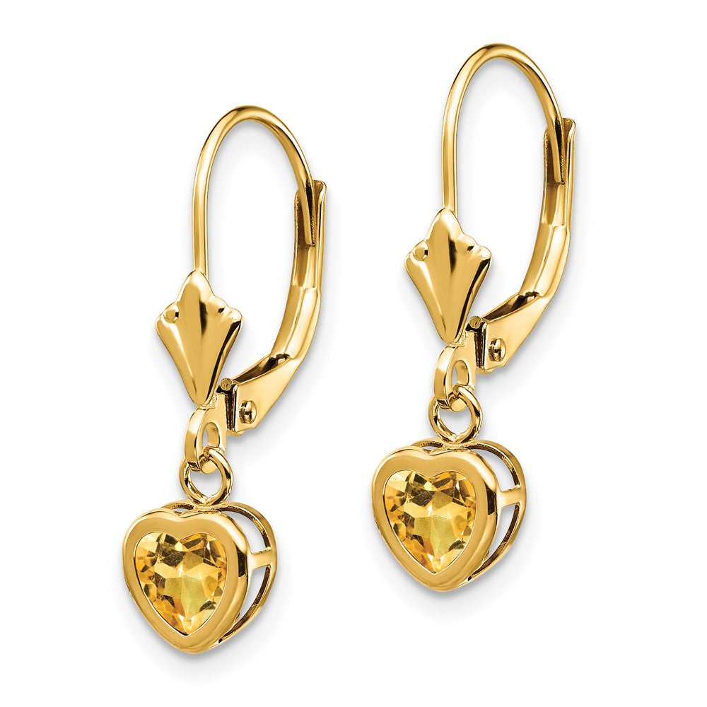 14k Heart Citrine Bezel Leverback Dangle Earrings