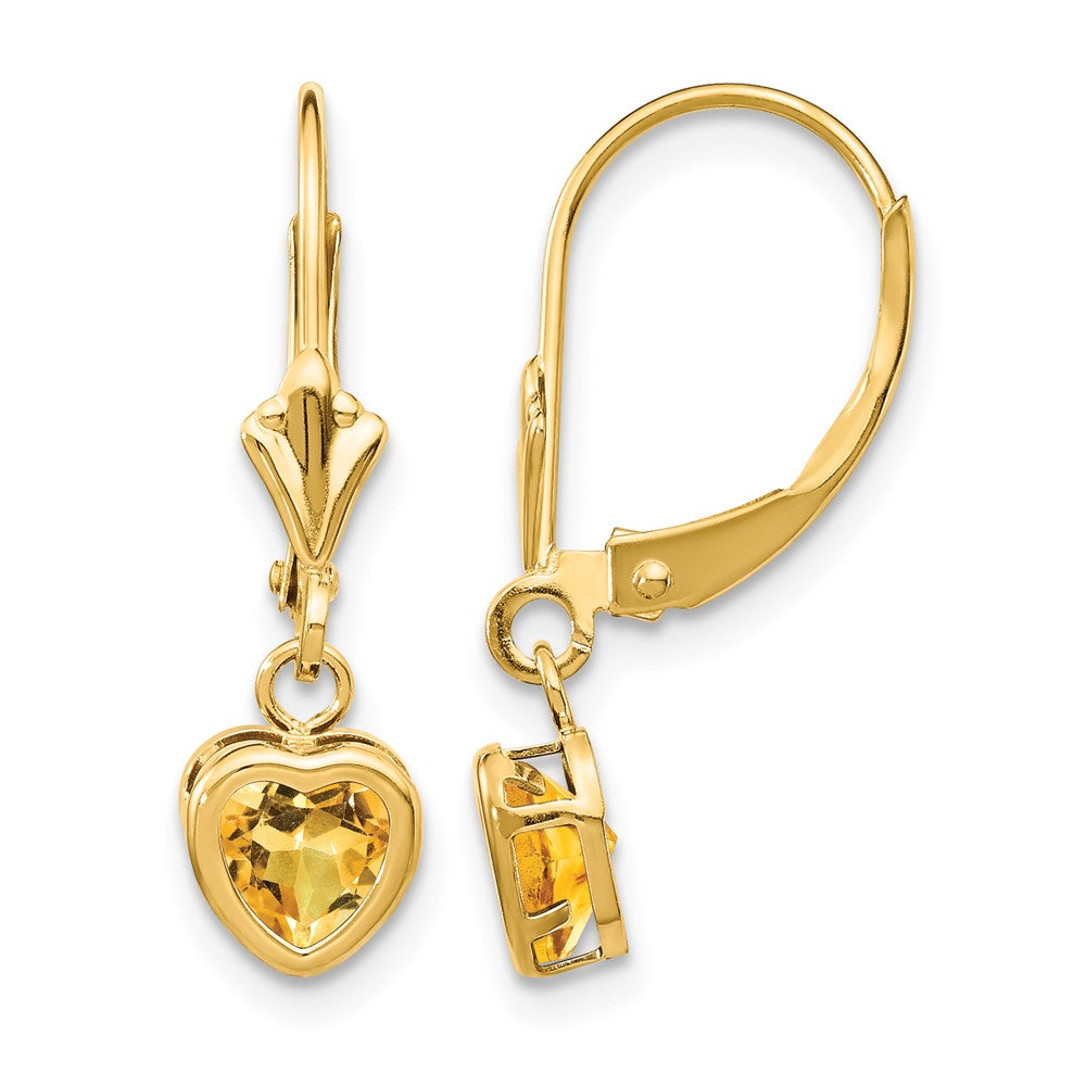 14k Heart Citrine Bezel Leverback Dangle Earrings