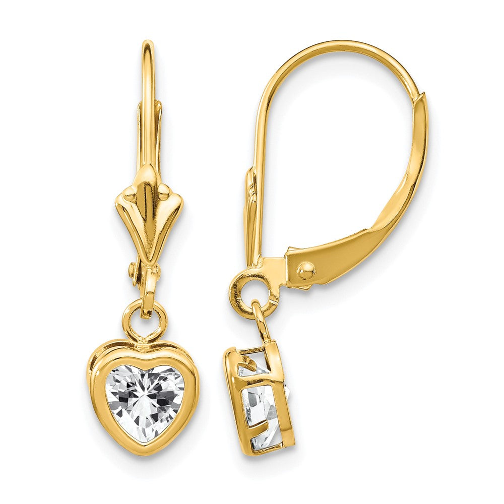 14k Heart Cubic Zirconia Bezel Leverback Dangle Earrings