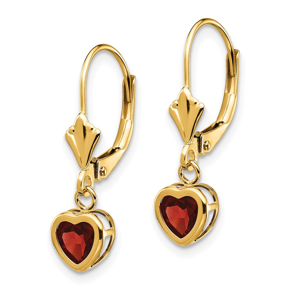 14k Heart Garnet Bezel Leverback Dangle Earrings