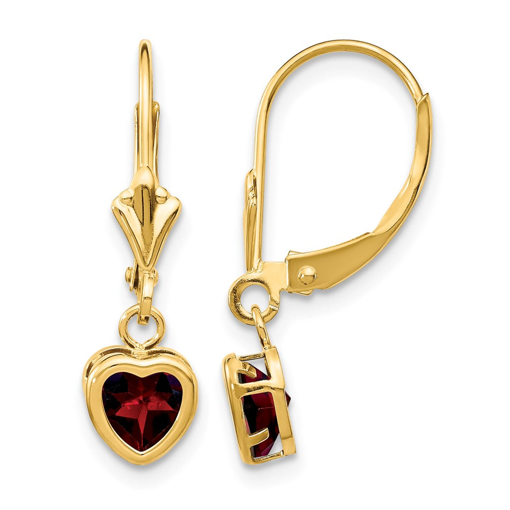 14k Heart Garnet Bezel Leverback Dangle Earrings