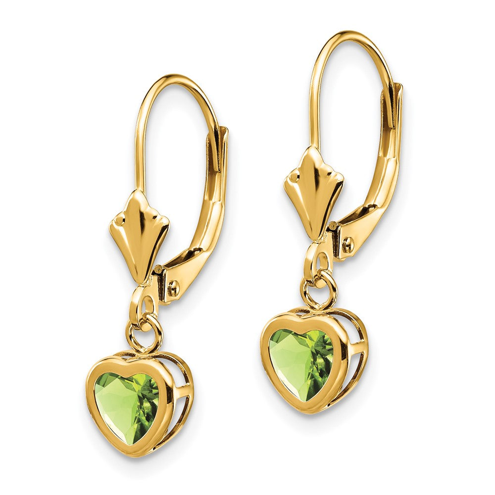14k Heart Peridot Bezel Leverback Dangle Earrings
