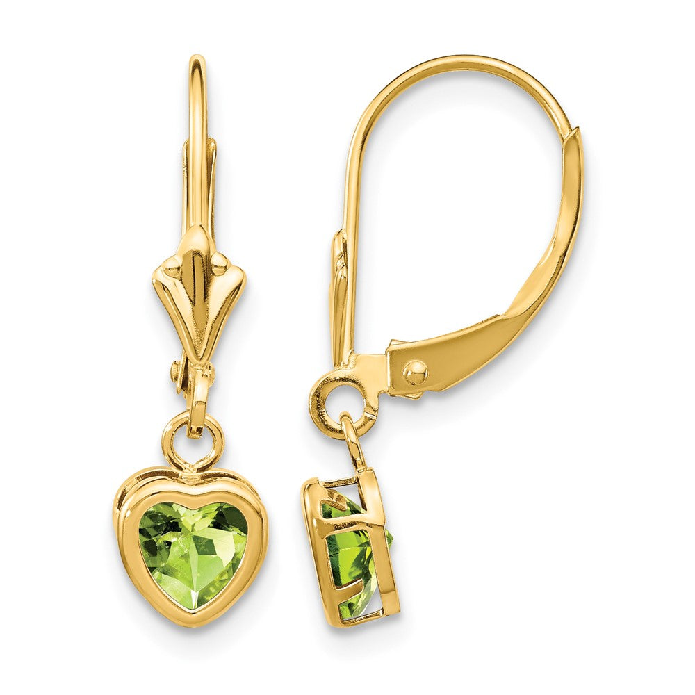 14k Heart Peridot Bezel Leverback Dangle Earrings
