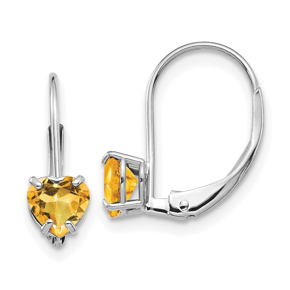 14k White Gold Heart Citrine Leverback Earrings