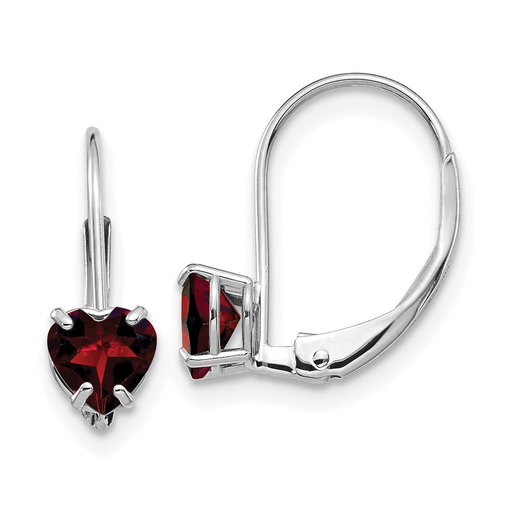 14k White Gold Heart Garnet Leverback Earrings