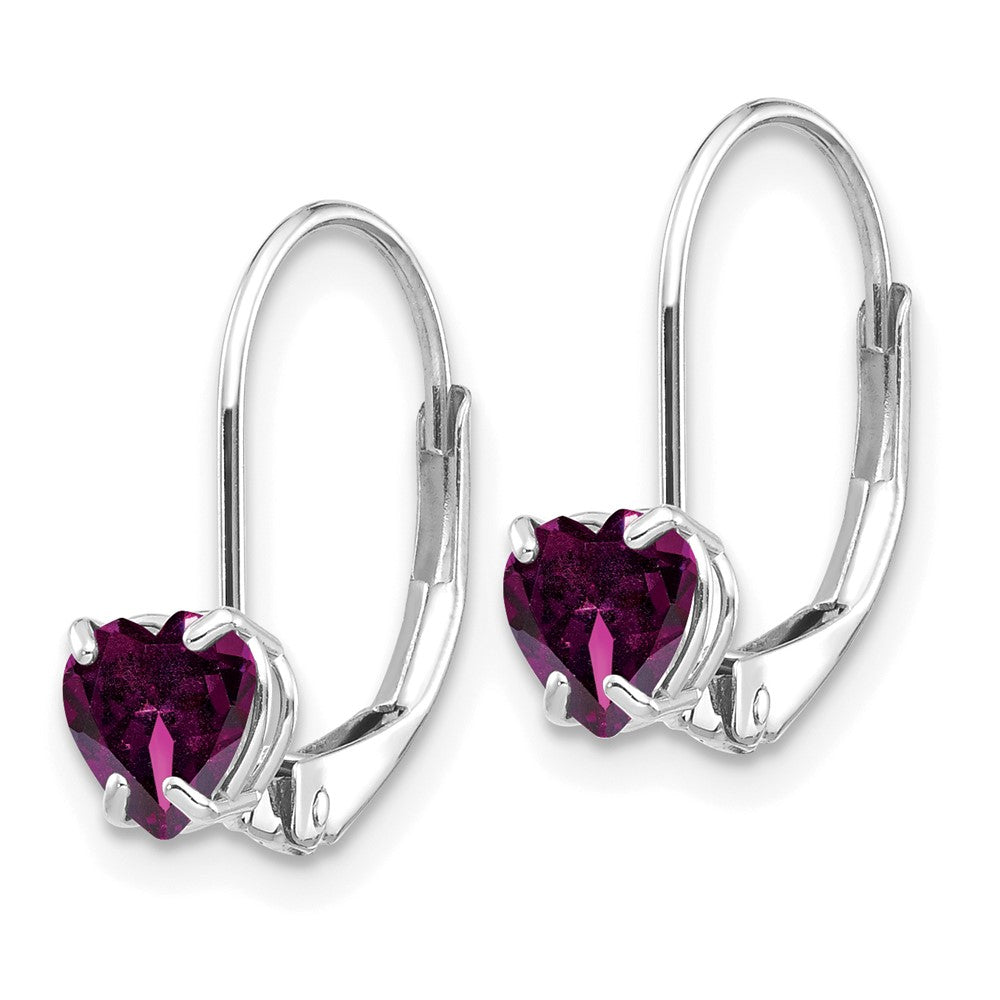 14k White Gold Heart Rhodolite Garnet Leverback Earrings