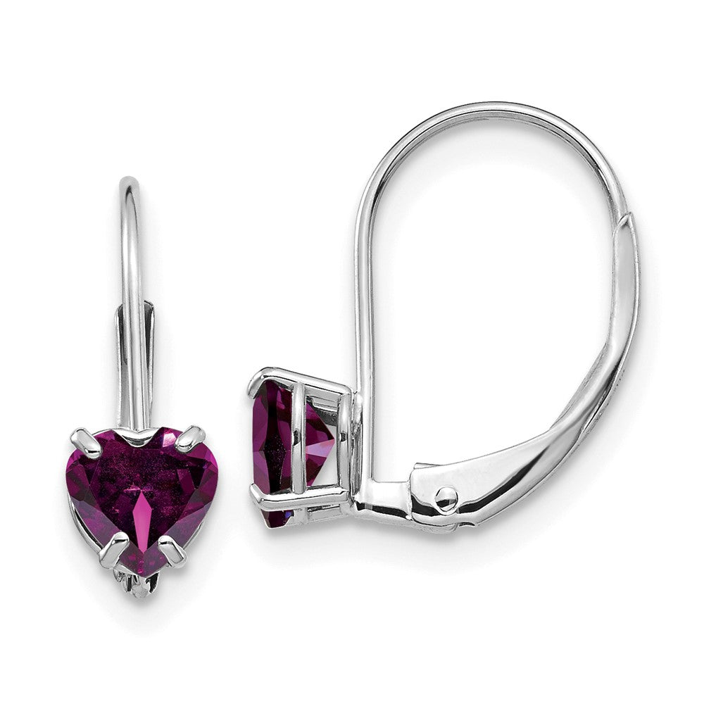 14k White Gold Heart Rhodolite Garnet Leverback Earrings