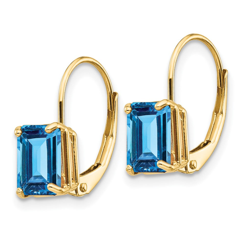 14k 7x Emerald-cut Blue Topaz Leverback Earrings