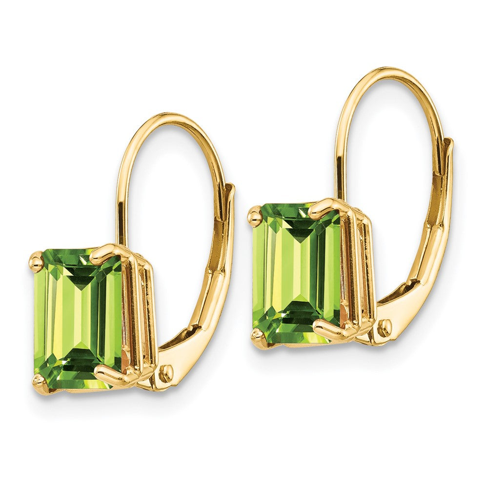 14k 7x Emerald-cut Peridot Leverback Earrings