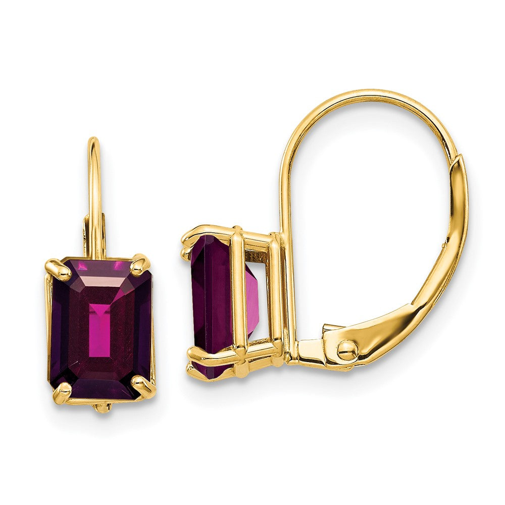 14k 7x Emerald-cut Rhodolite Garnet Leverback Earrings