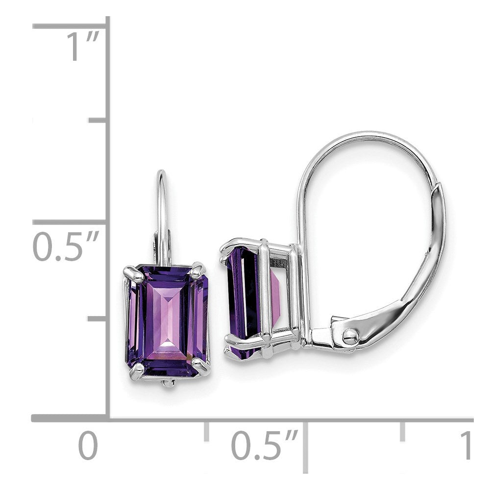 14k White Gold 7x Emerald-cut Amethyst Leverback Earrings
