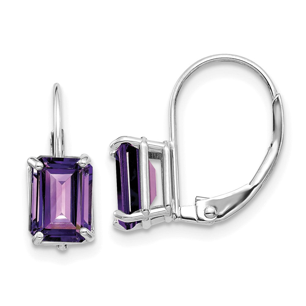 14k White Gold 7x Emerald-cut Amethyst Leverback Earrings