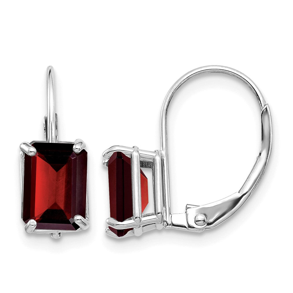 14k White Gold 7x Emerald-Cut Garnet Leverback Earrings