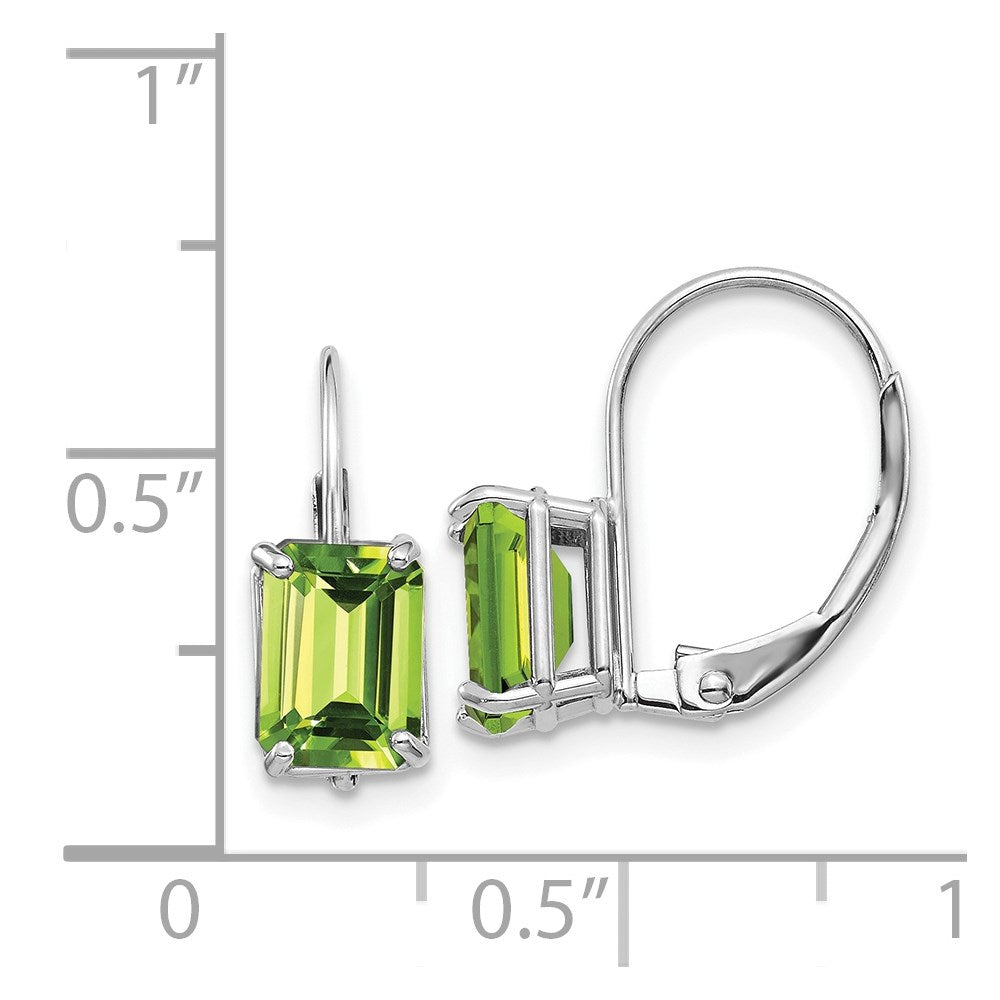 14k White Gold 7x Emerald-cut Peridot Leverback Earrings