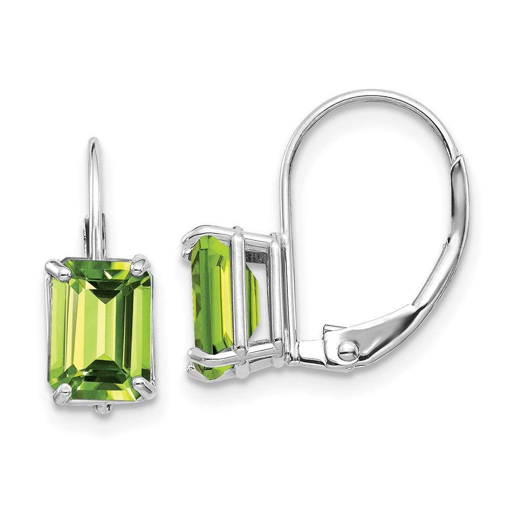 14k White Gold 7x Emerald-cut Peridot Leverback Earrings