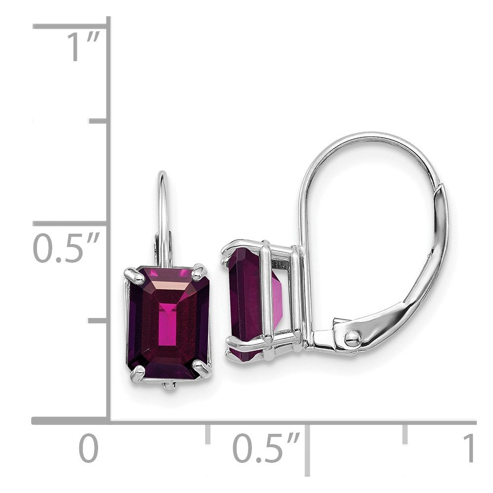 14k White Gold 7x4 Emerald-cut Rhodolite Garnet Leverback Earrings