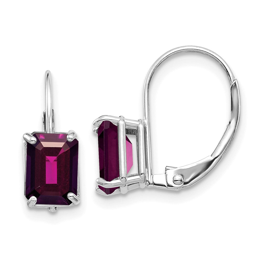 14k White Gold 7x4 Emerald-cut Rhodolite Garnet Leverback Earrings