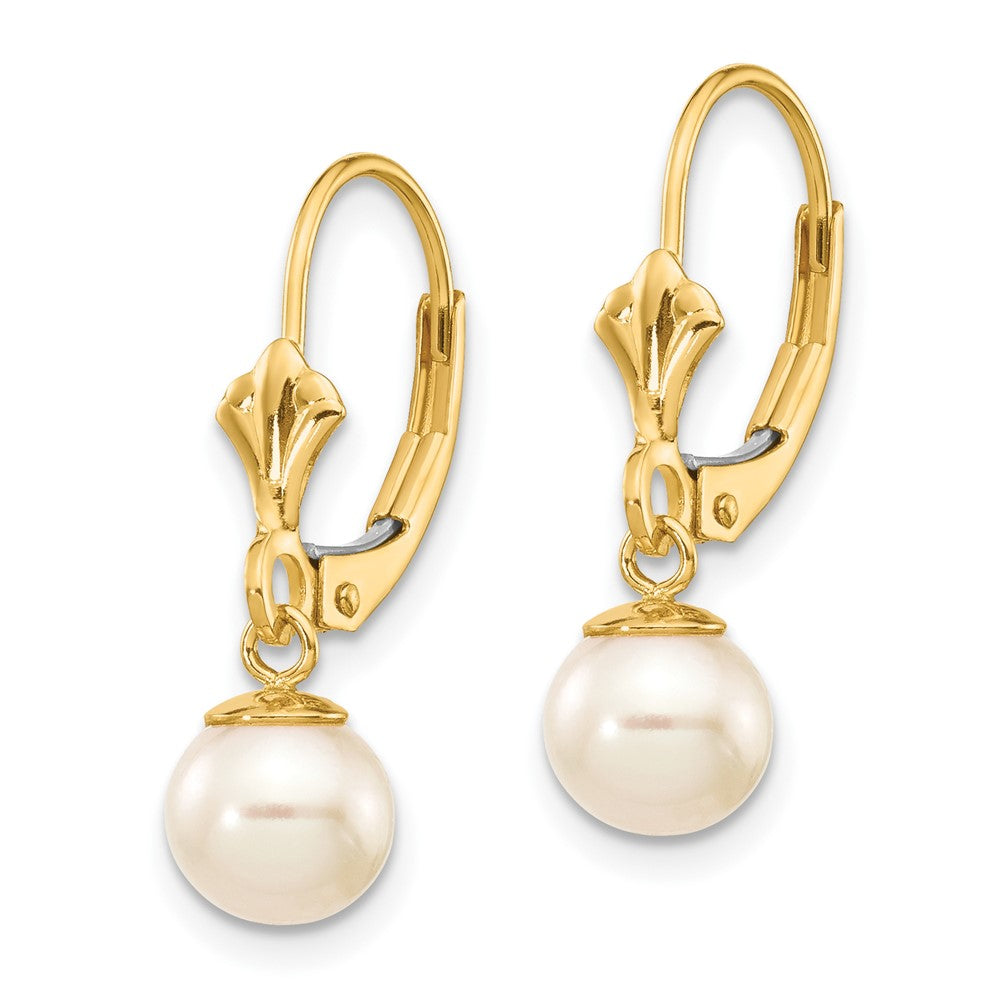 14k 6- White Round Freshwater Cultured Pearl Dangle Leverback Earrings