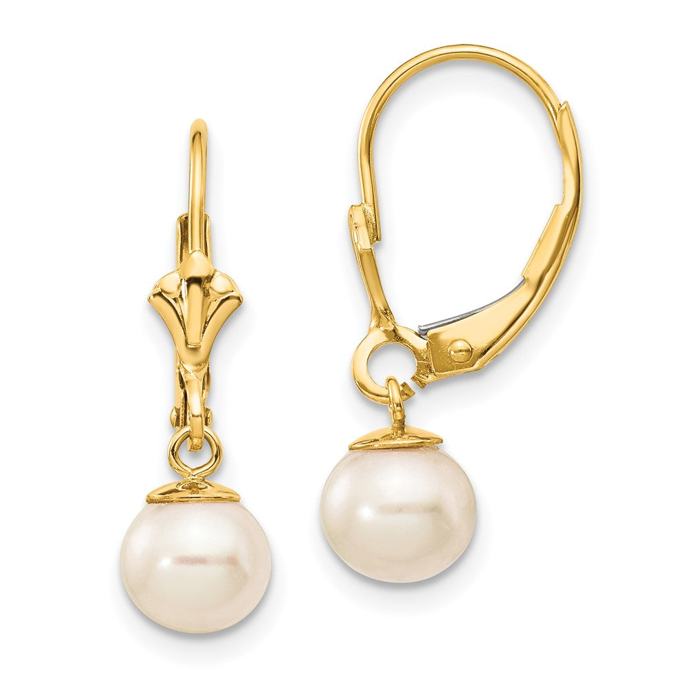 14k 6- White Round Freshwater Cultured Pearl Dangle Leverback Earrings
