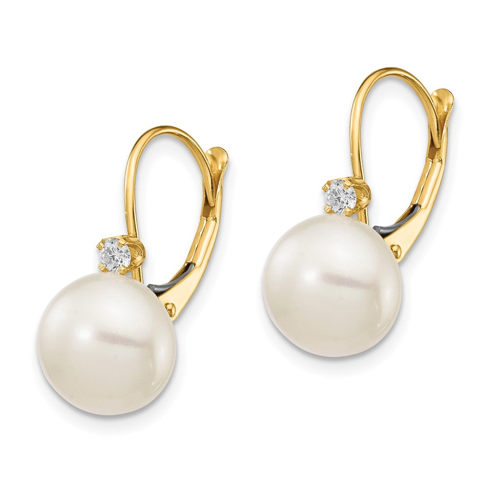 14k 10- White Button Freshwater Cultured Pearl and .10 Carat Diamond Leverback Earrings