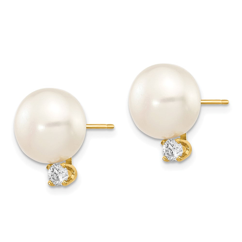 14k 10- White Button FW Cultured Pearl .2ct Diamond Post Earrings