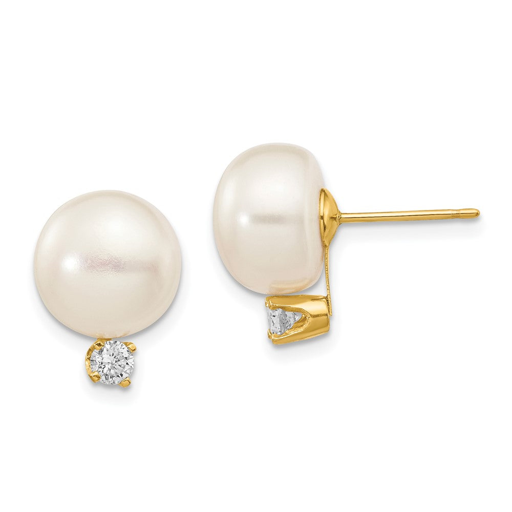 14k 10- White Button FW Cultured Pearl .2ct Diamond Post Earrings