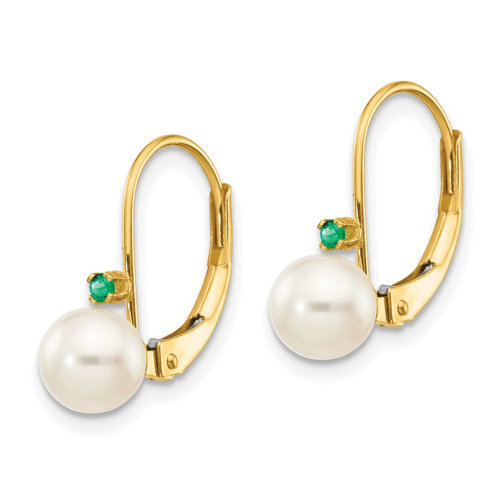 14k 5- White Round Freshwater Cultured Pearl and .03EM Emerald Leverback Earrings