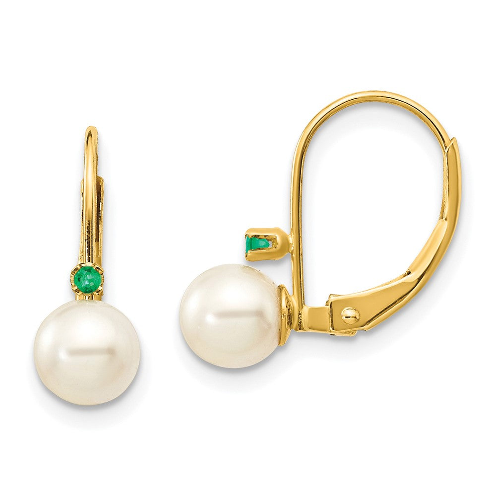 14k 5- White Round FW Cultured Pearl Emerald Leverback Earrings