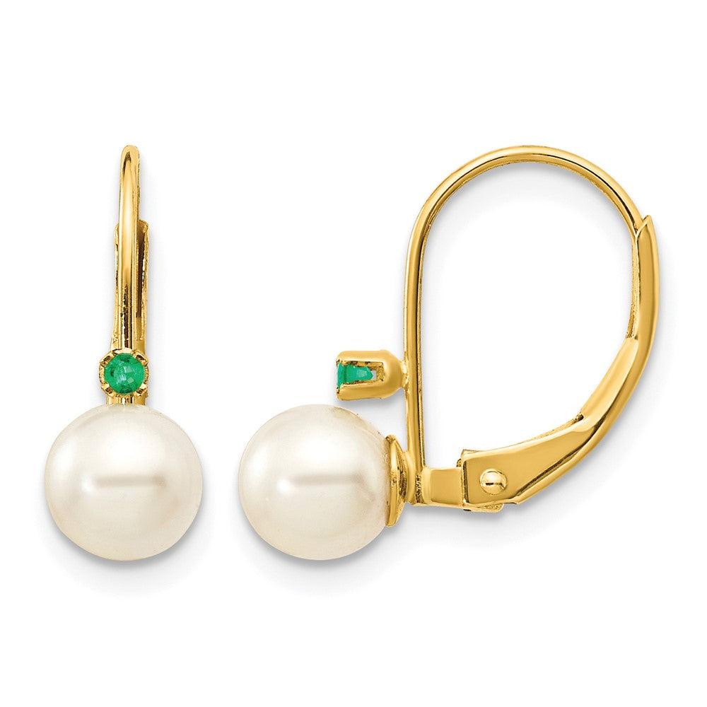 14k 5- White Round Freshwater Cultured Pearl and .03EM Emerald Leverback Earrings