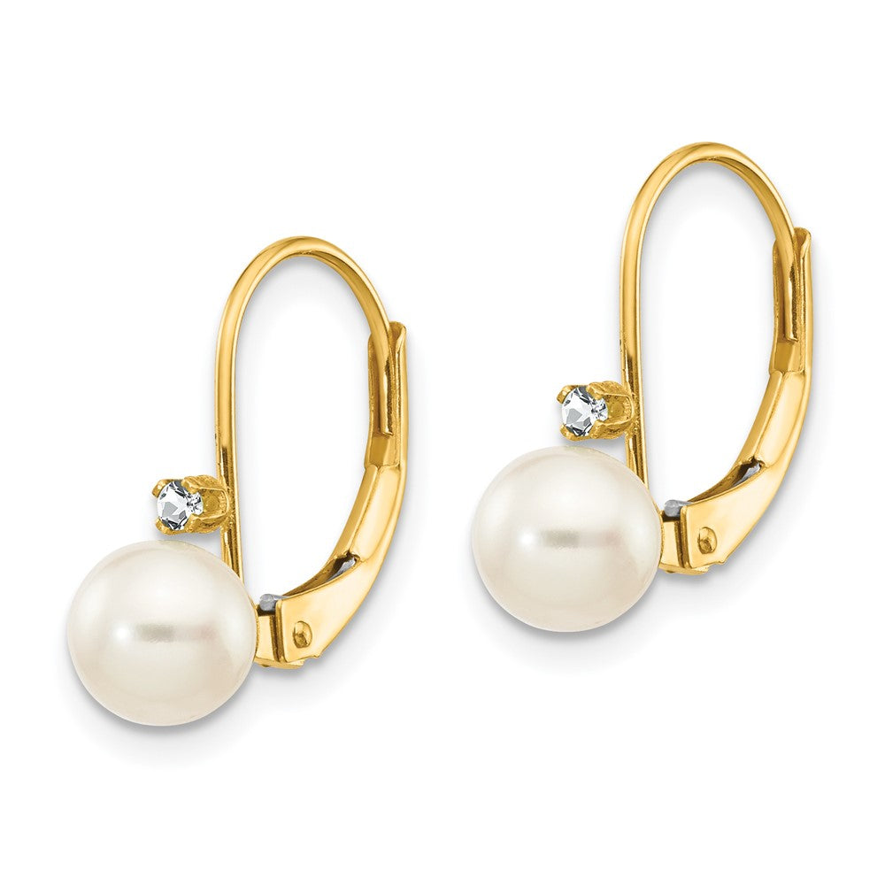 14k 5- White Round FW Cultured Pearl AA Diamond Leverback Earrings