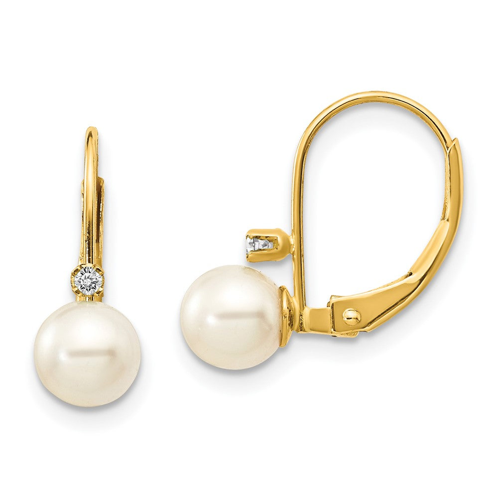 14k 5- White Round FW Cultured Pearl AA Diamond Leverback Earrings