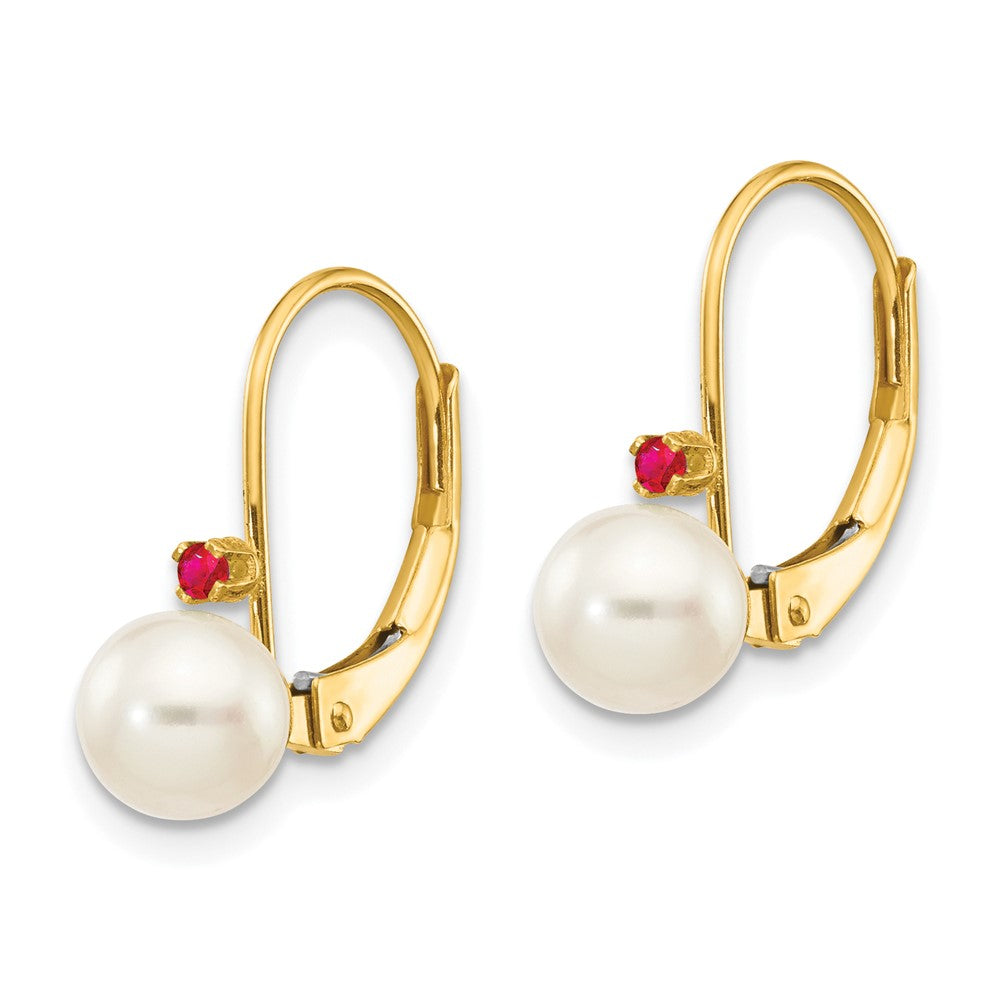 14k 5- White Round FW Cultured Pearl Ruby Leverback Earrings
