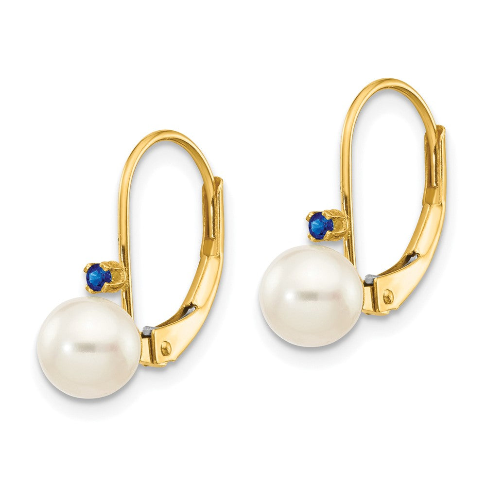 14k 5- White Round Freshwater Cultured Pearl and .04SA Sapphire Leverback Earrings