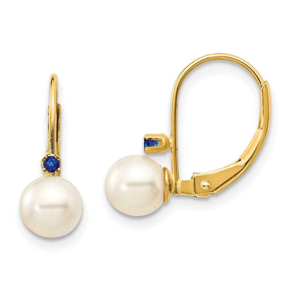 14k 5- White Round FW Cultured Pearl Sapphire Leverback Earrings