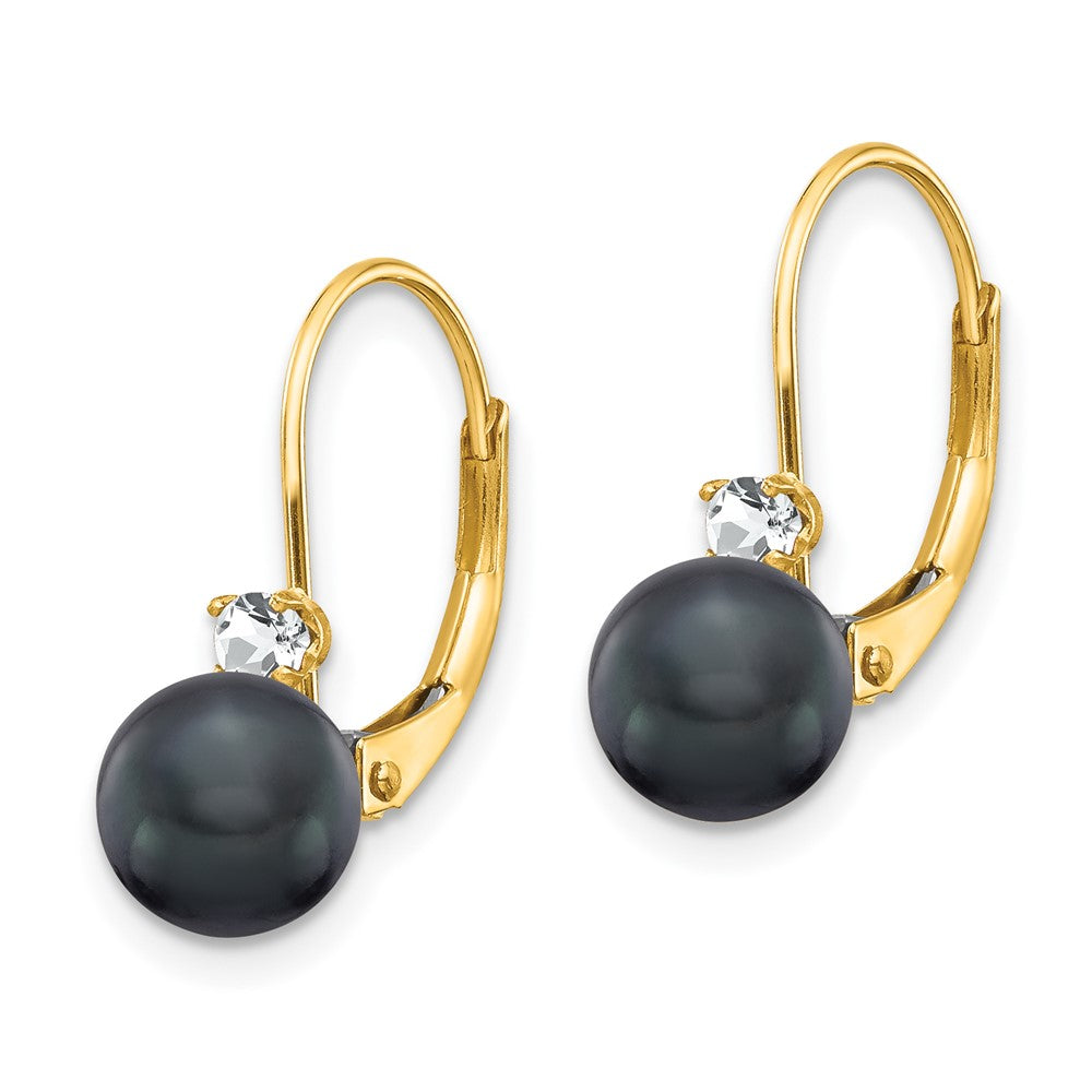 14k 6- Black FW Cultured Pearl AA Diamond Leverback Earrings
