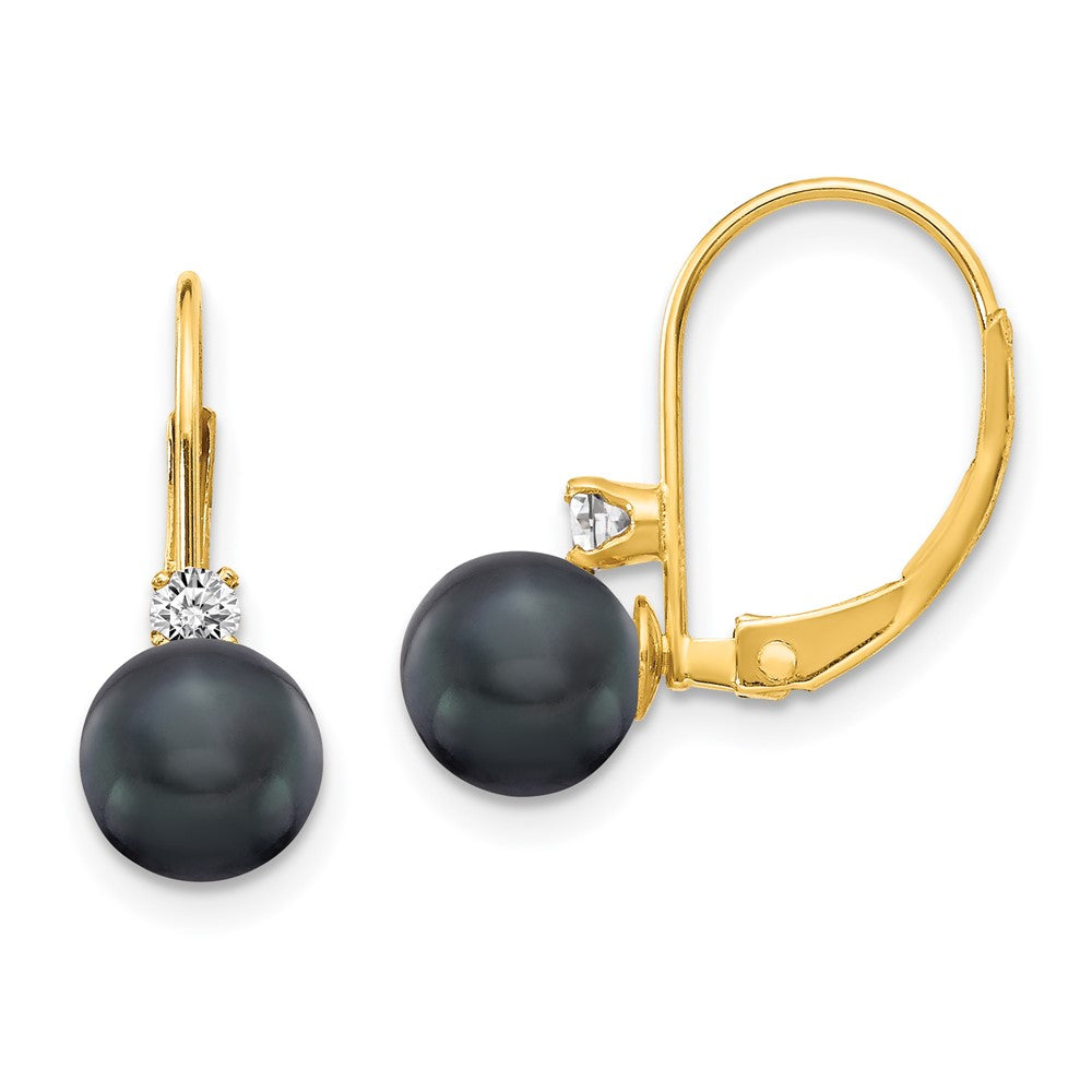 14k 6- Black FW Cultured Pearl AA Diamond Leverback Earrings